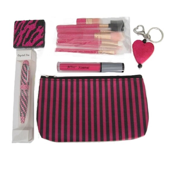 Cosmetic Bag Gift Set Pink Zebra Paris Hilton Scent & Betsey Johnson Lip Stick - Picture 3 of 6